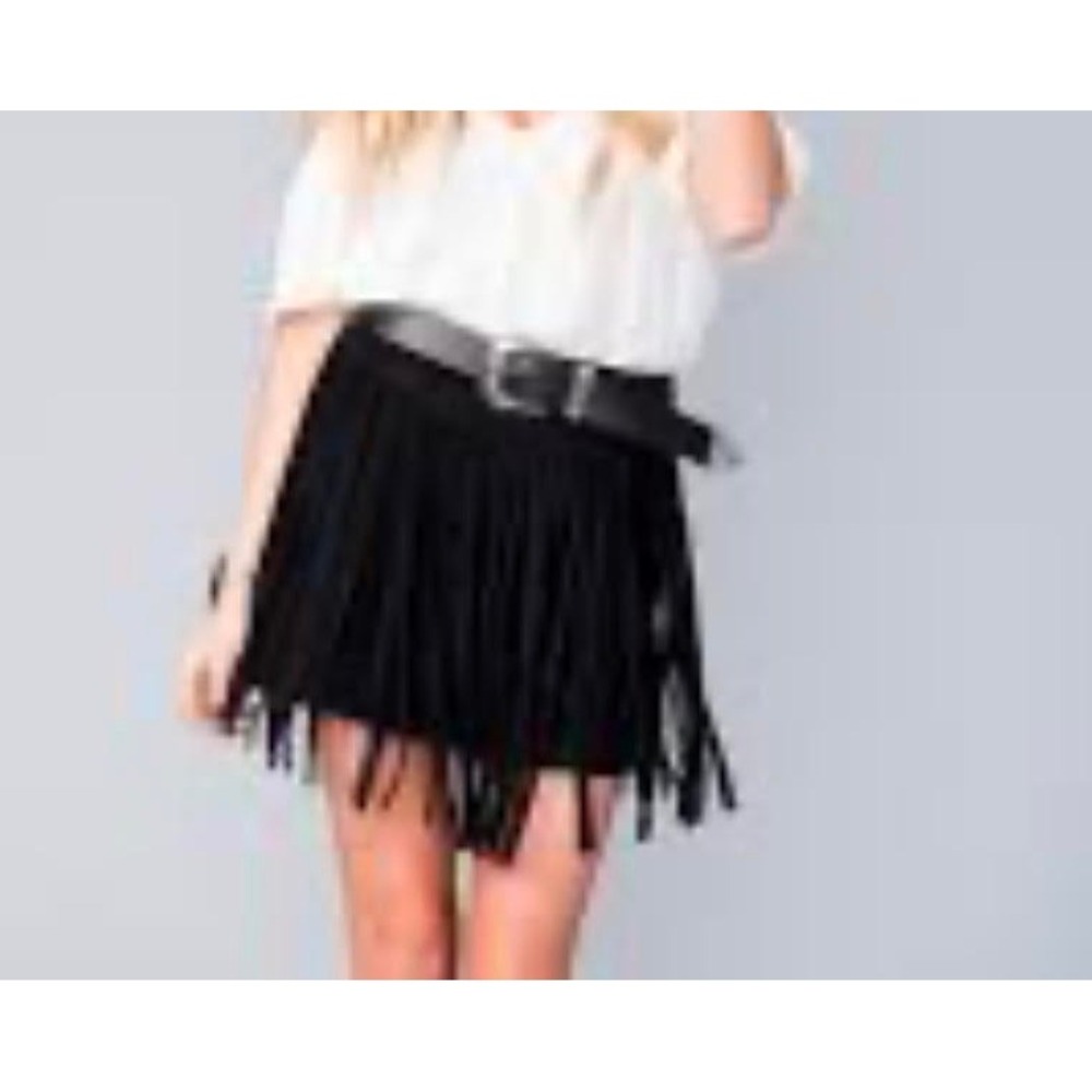 Show Me Your Mumu Rancho Fringe Skirt Black Faux Suede Mini Large MF6-340